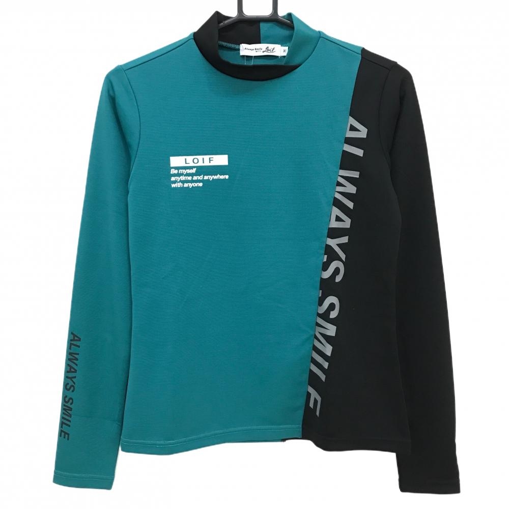 【新品】ロイフ 長袖ハイネックシャツ グリーン×黒 胸プリント  レディース M ゴルフウェア Loif