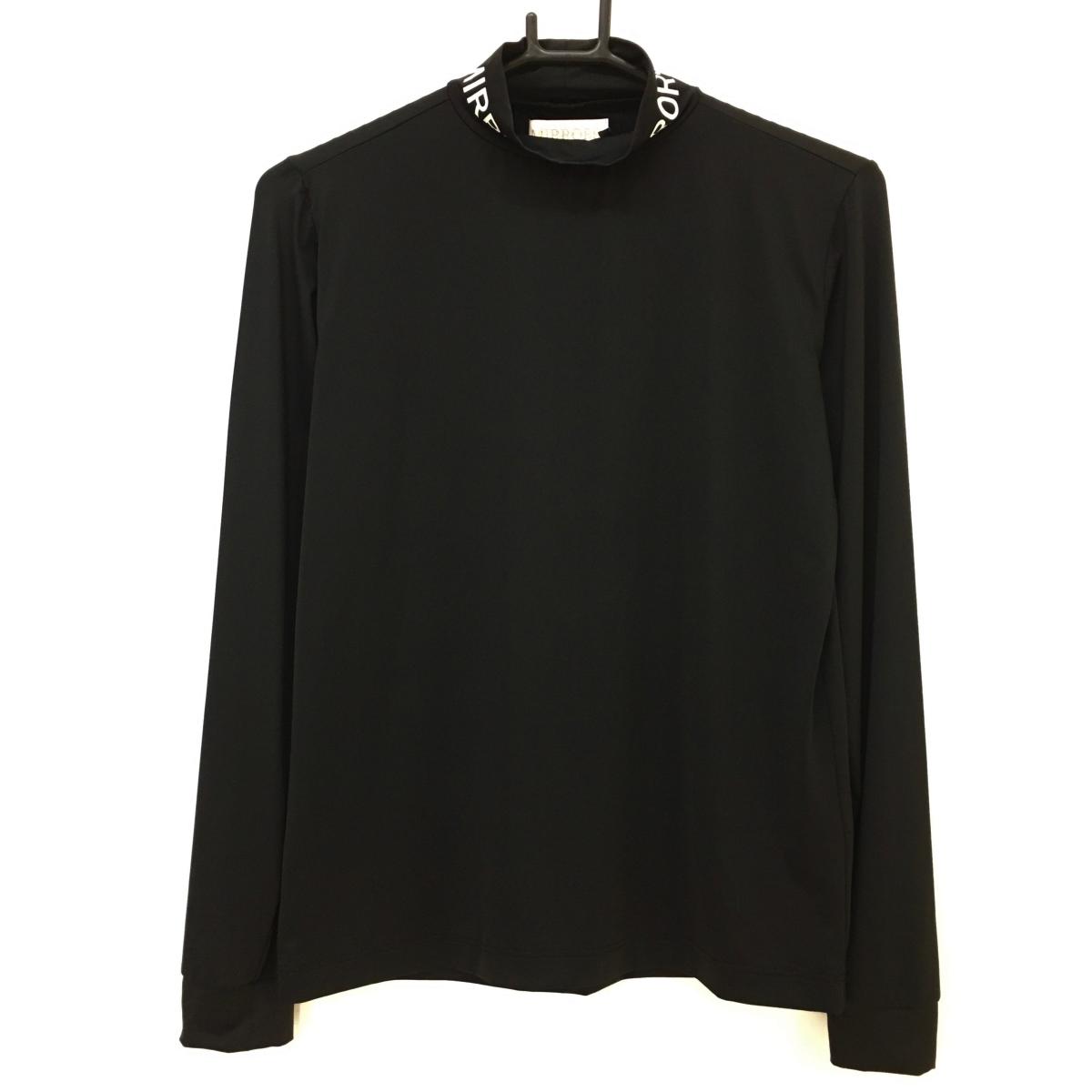 【超美品】ミラーナイン 長袖ハイネックシャツ 黒×白 ネックロゴプリント ストレッチ インナー レディース M ゴルフウェア MIRROR9