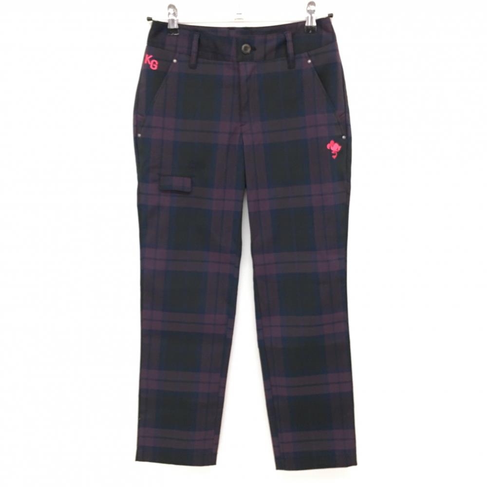 【超美品】キスマーク パンツ ネイビー×パープル チェック ロゴ刺しゅう レディース 5 ゴルフウェア kissmark