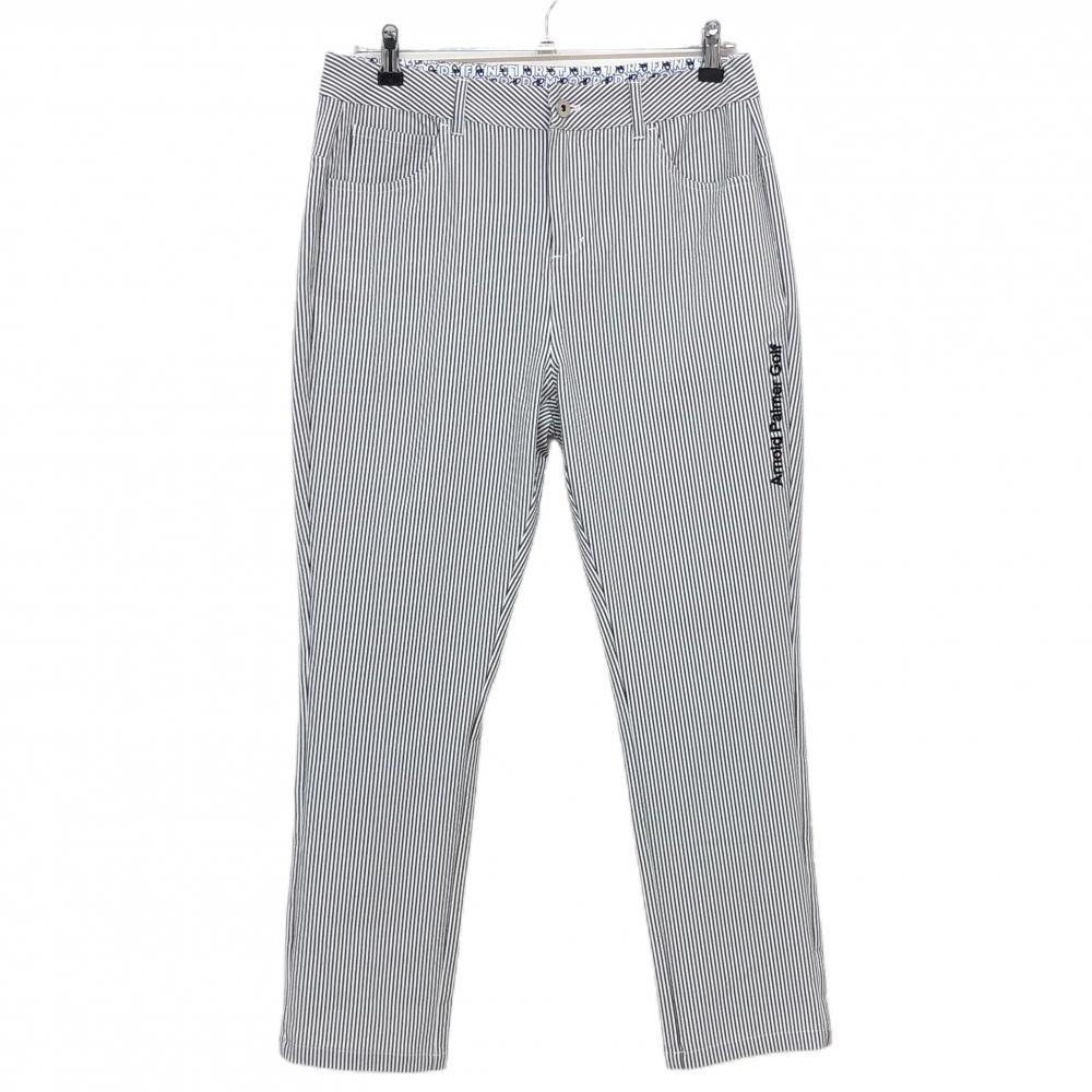【超美品】アーノルドパーマーゴルフ パンツ 白×グレー ストライプ ロゴ刺しゅう レディース 13 ゴルフウェア Arnold Palmer