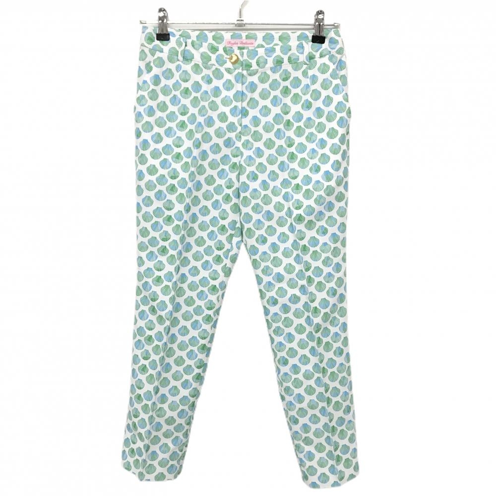 【超美品】フォーリアブリランテ パンツ 白×グリーン系×ブルー系 貝総柄  レディース 1 ゴルフウェア Foglia Brillante