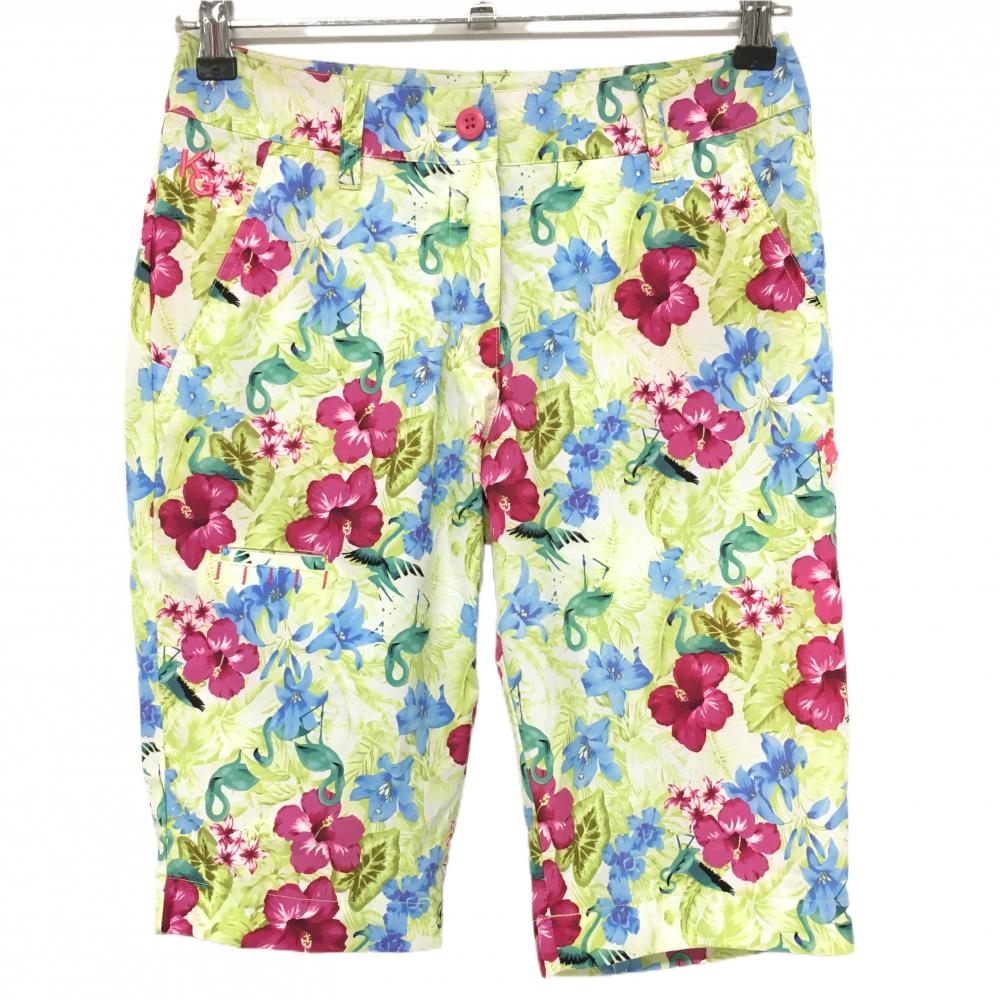 【超美品】キスマーク ショートパンツ ライトグリーン×ボルドー 花柄 リーフ柄 レディース 7 ゴルフウェア Kissmark