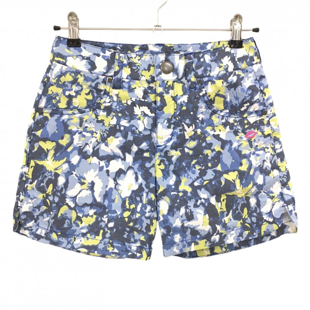 【超美品】キスマーク ショートパンツ ネイビー×白×ライトグリーン 総柄 レディース 5 ゴルフウェア kissmark