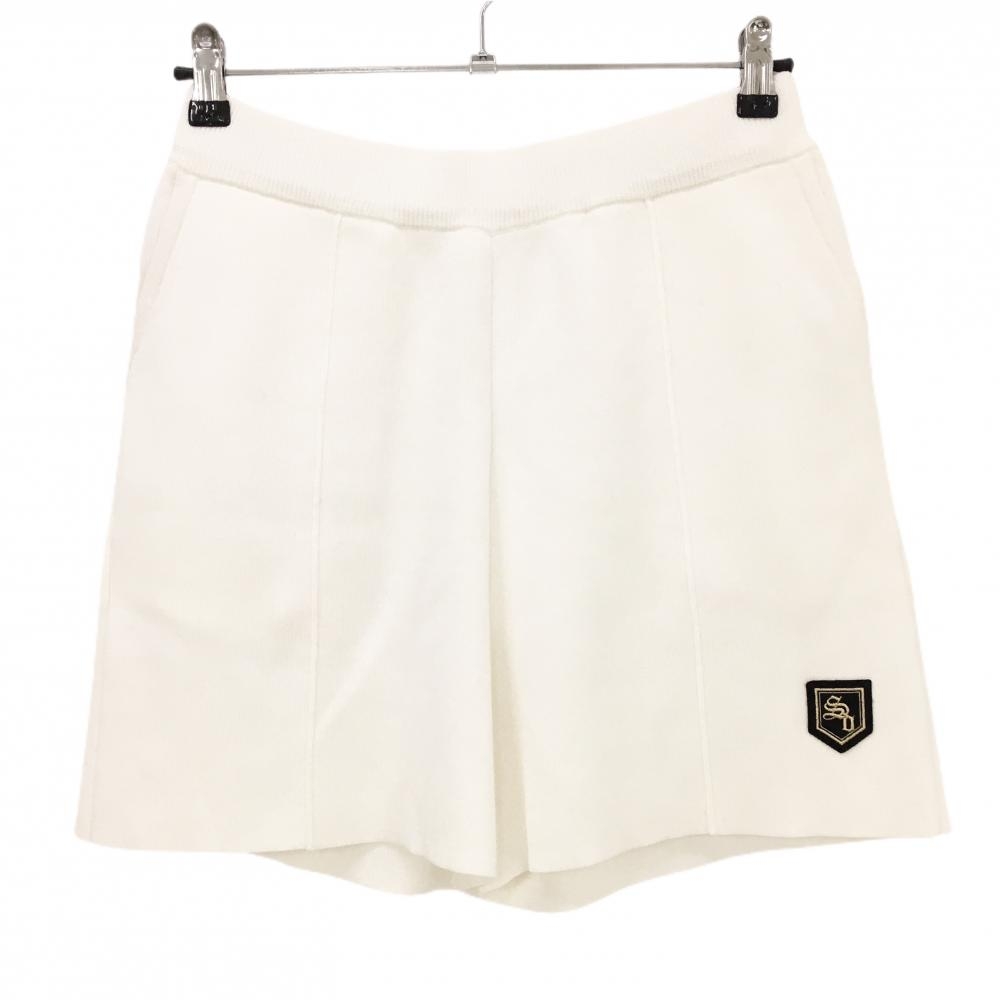 【美品】サンディ ニットショートパンツ 白 ロゴワッペン ウエストゴム  レディース L ゴルフウェア Sandie