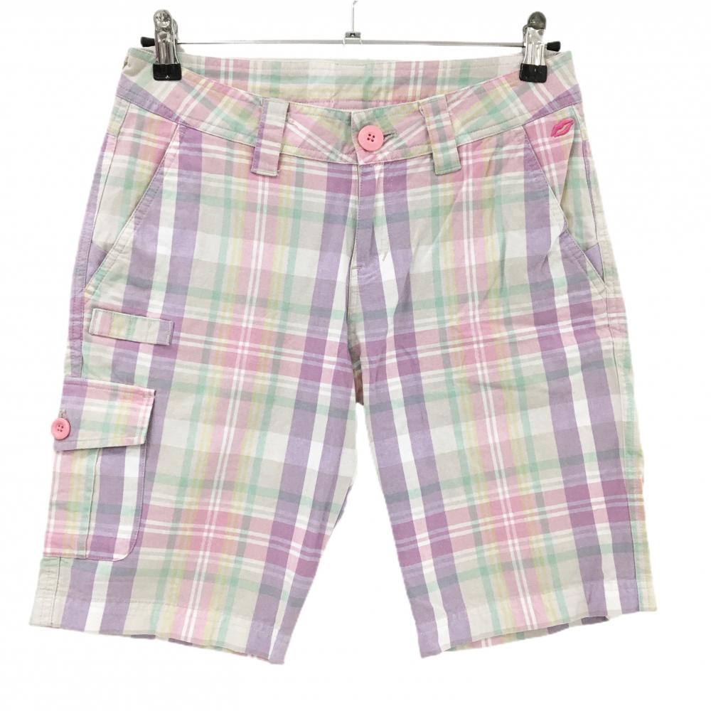 【超美品】キスマークゴルフ ハーフパンツ ピンク×パープル チェック サイドポケット レディース 9 ゴルフウェア Kissmark Golf