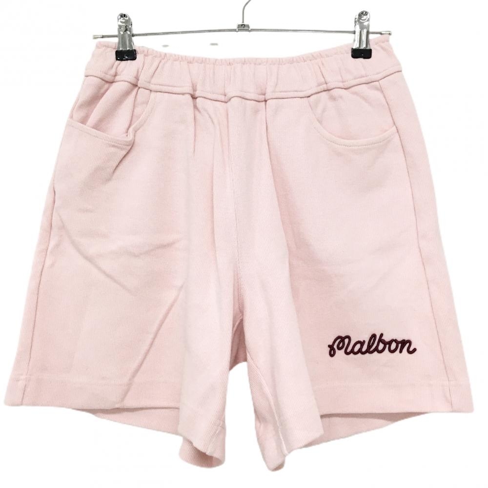 【美品】マルボン ハーフパンツ ライトピンク×ボルドー 立体ロゴ 韓国モデル ウエストゴム・調整紐  レディース 67 ゴルフウェア Malbon