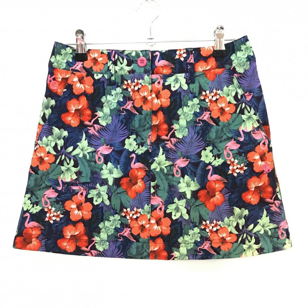【超美品】キスマーク スカート レッド×ライトグリーン ハイビスカス・リーフ柄 ストレッチ レディース 7 ゴルフウェア KISS MARK