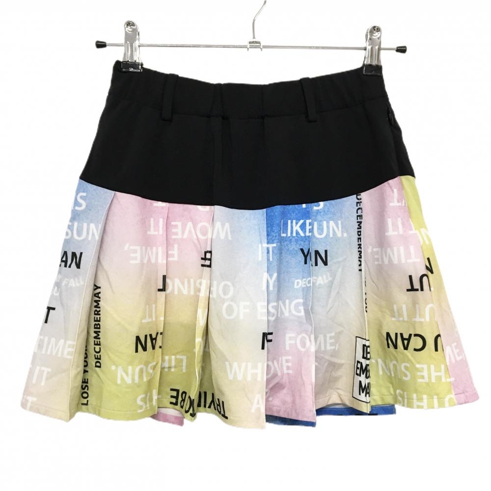 【超美品】ディセンバーメイ プリーツスカート 黒×マルチカラー 英字総柄 ウエストゴム レディース S ゴルフウェア DECEMBERMAY