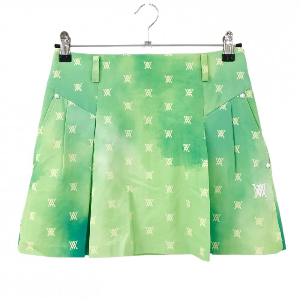 【超美品】アニューゴルフ スカート ライトグリーン×イエロー ロゴ総柄 ボックスプリーツ レディース XS ゴルフウェア ANEW