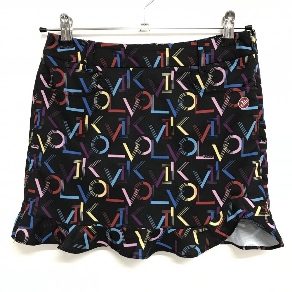 【美品】ボルビック スカート 黒×マルチカラー ロゴ総柄 韓国モデル レディース 64 ゴルフウェア ウエスト下糸引き複数 volvik