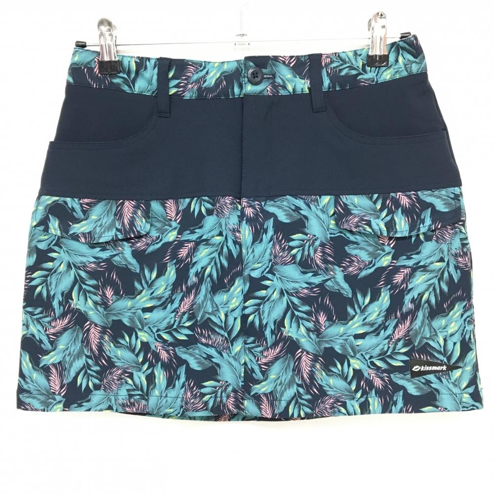 【超美品】キスマーク スカート ネイビー×グリーン リーフ総柄 ストレッチ レディース 9 ゴルフウェア kissmark