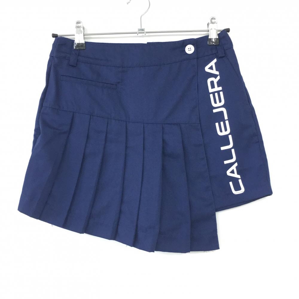 【超美品】CALLEJERA カジェヘラ キュロットスカート ネイビー×白 前プリーツ ビッグロゴ レディース 0 ゴルフウェア