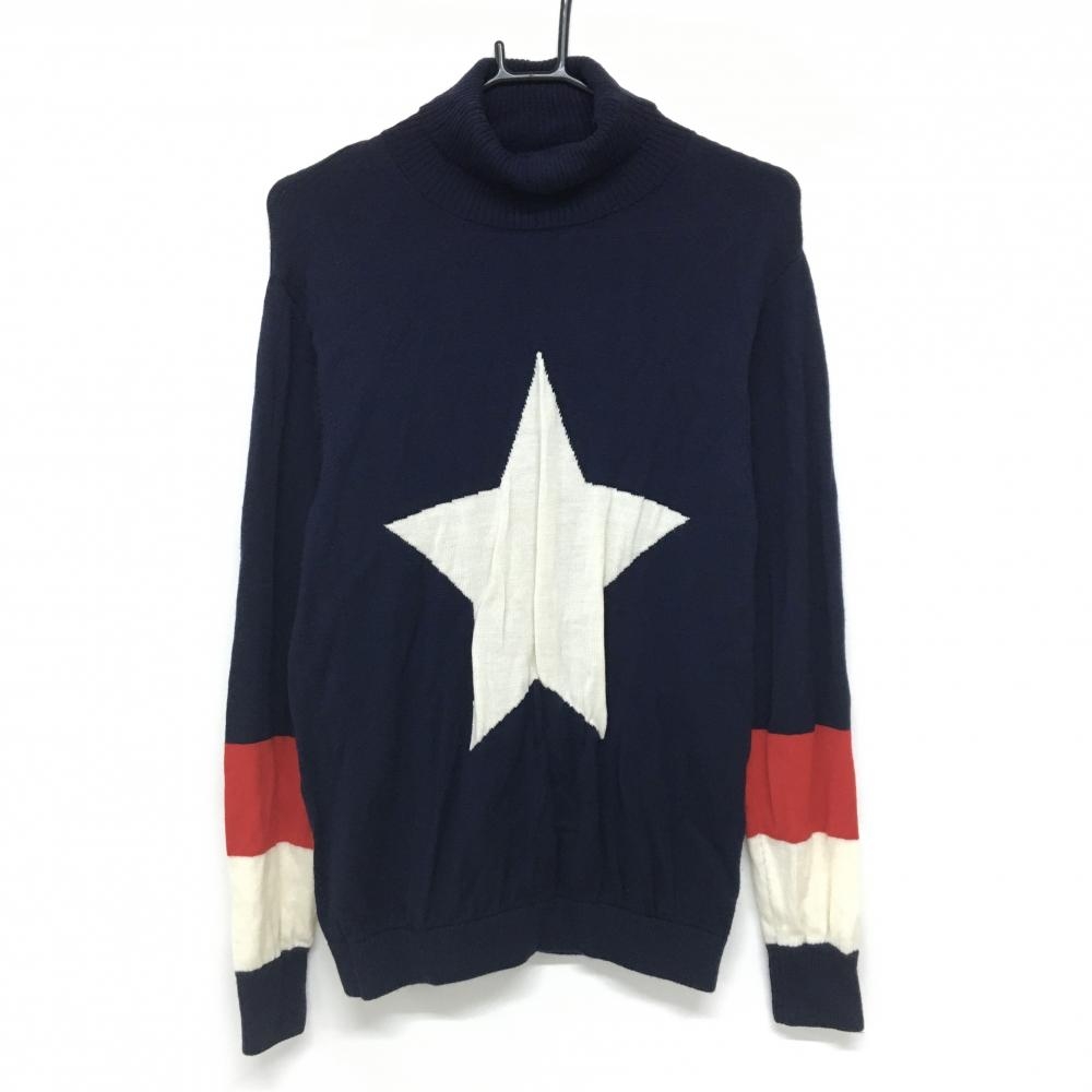 V12 タートルネックセーター ネイビー×白 フロントロゴ 背面星 ウール100％ ニット メンズ M ゴルフウェア V12