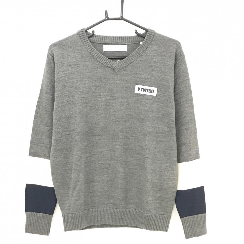 【超美品】V12 セーター グレー×白×ネイビー ウール混 袖口配色 ニット メンズ M ゴルフウェア V12