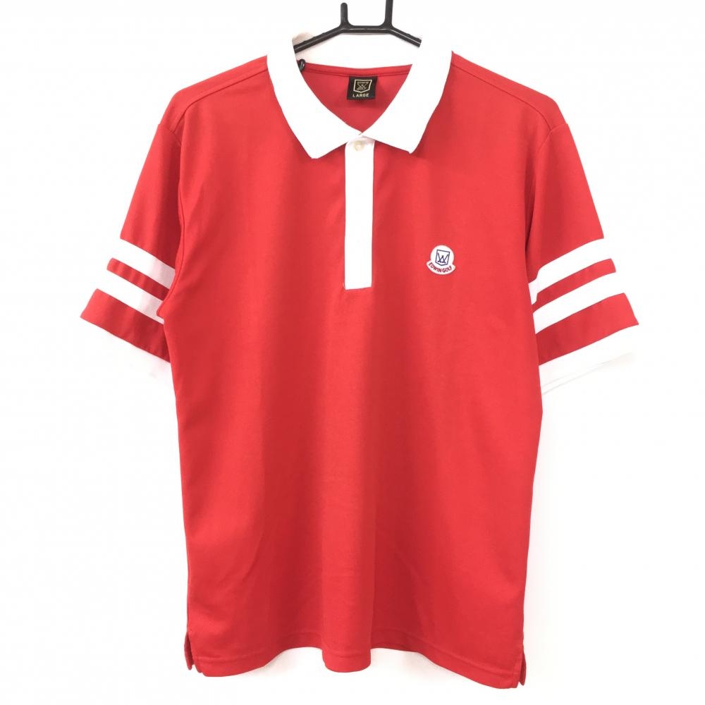 EDWIN GOLF エドウィン 半袖ポロシャツ レッド×白 袖ライン ワッペン  メンズ LARGE ゴルフウェア