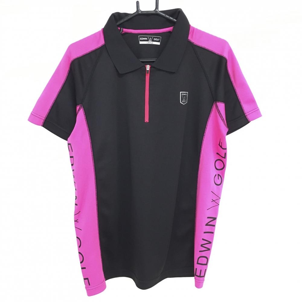 【超美品】エドウィン 半袖ポロシャツ 黒×ピンク ハーフジップ メンズ LARGE ゴルフウェア EDWIN GOLF