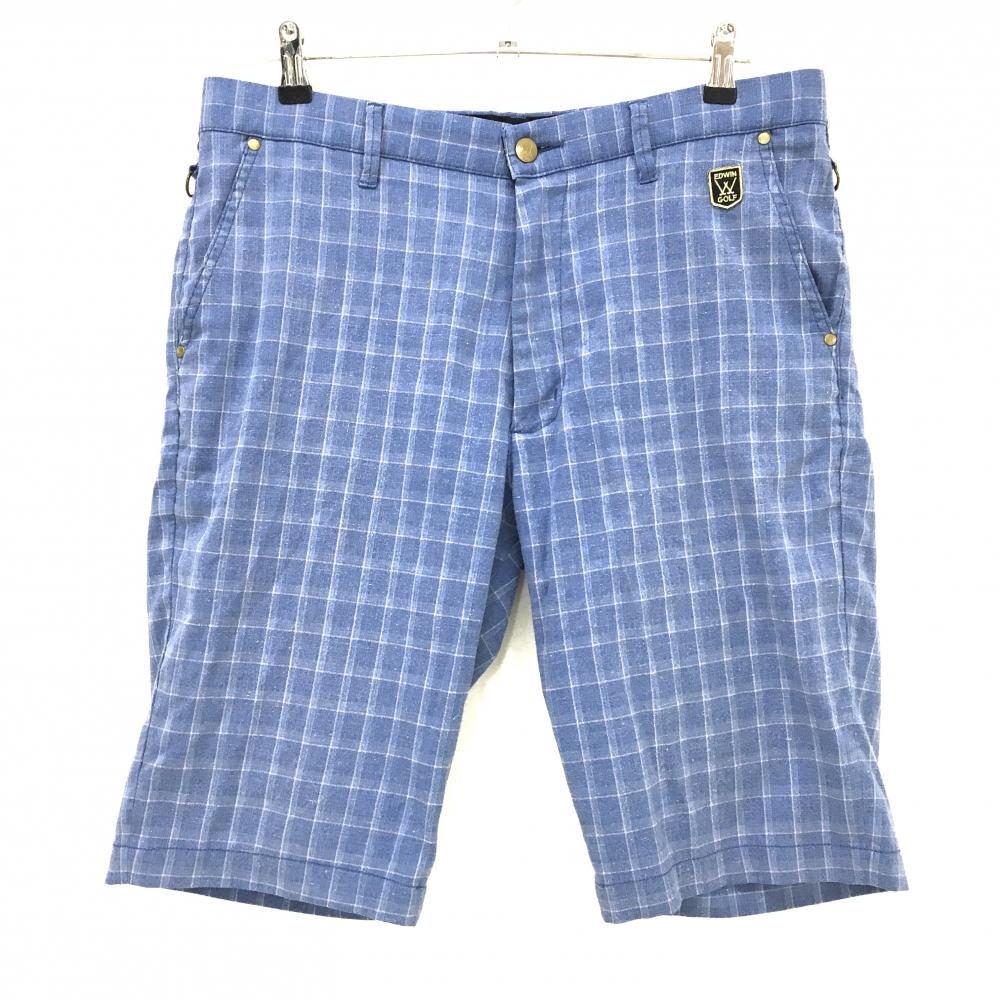 【美品】エドウィン ハーフパンツ ブルー×ライトピンク 格子柄 ロゴワッペン  メンズ XL ゴルフウェア EDWIN GOLF