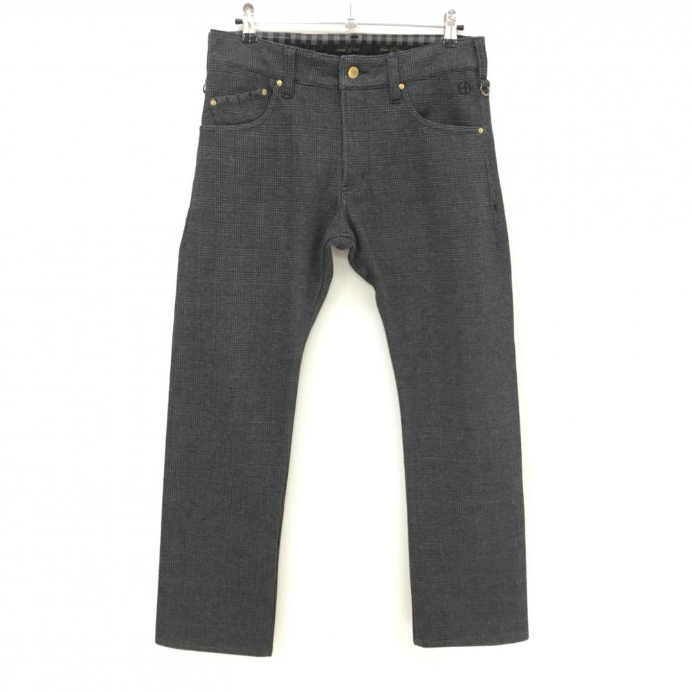 【超美品】エドウィンゴルフ パンツ ダークグレー×黒 チェック柄 表微起毛 バックロゴ 一部合皮 メンズ L ゴルフウェア EDWIN GOLF