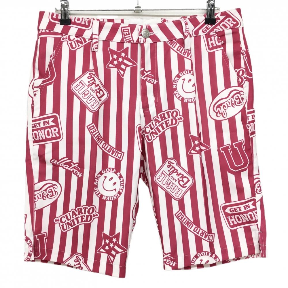 【超美品】クアルトユナイテッド ハーフパンツ 白×ピンク ストライプ 総柄 スマイル  メンズ L ゴルフウェア CUARTO UNITED