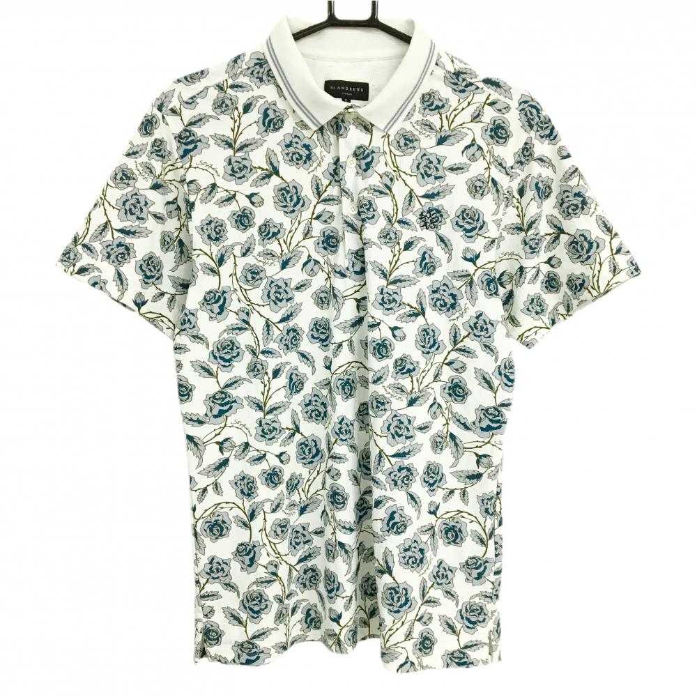 【超美品】セントアンドリュース 半袖ポロシャツ 白×グレー バラ総柄 ロゴ  メンズ L ゴルフウェア St ANDREWS