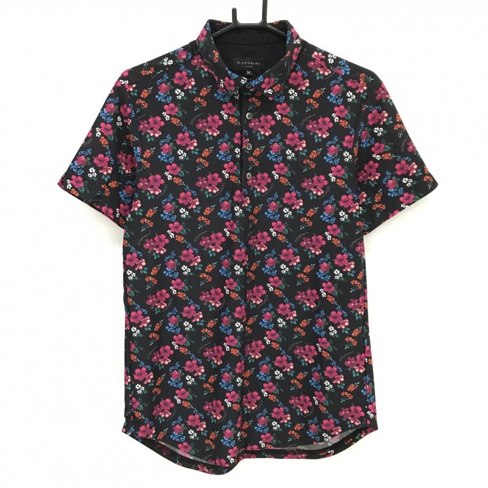 【超美品】セントアンドリュース 半袖ポロシャツ 黒×ピンク×ブルー 花柄 メンズ M ゴルフウェア St ANDREWS