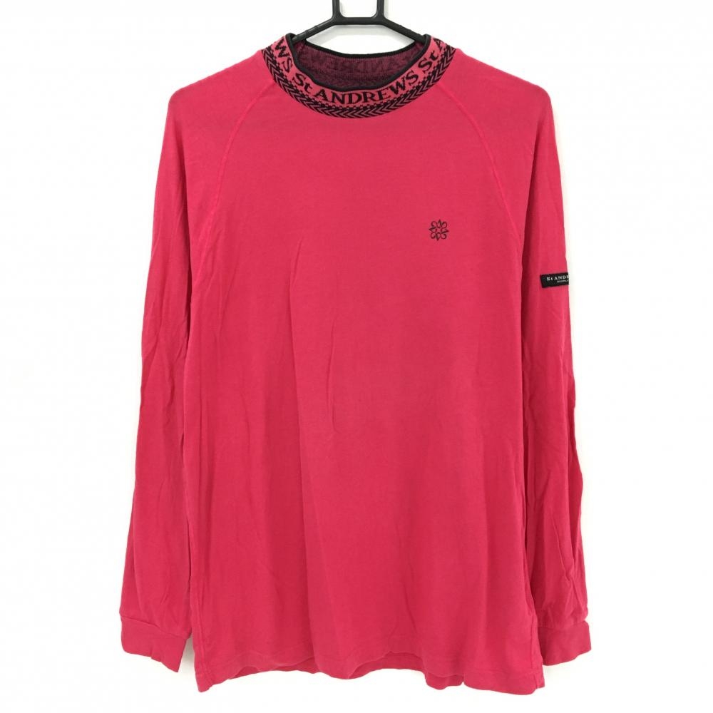 セントアンドリュース 長袖ハイネックシャツ レッドピンク×黒 ネックロゴ 胸元プリント メンズ LL ゴルフウェア St ANDREWS