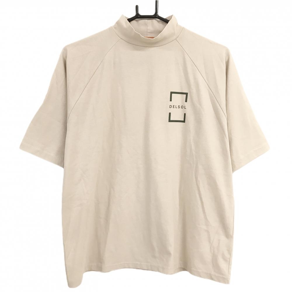 【超美品】デルソル 半袖ハイネックシャツ ベージュ×カーキ 背面英字  メンズ M ゴルフウェア DELSOL