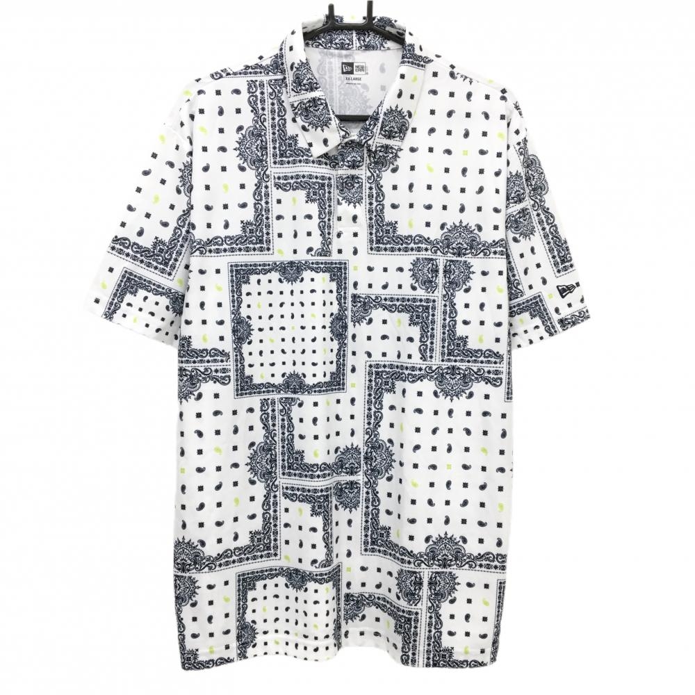 【超美品】ニューエラ 半袖ポロシャツ 白×ネイビー 総柄 メンズ XXLARGE ゴルフウェア 大きいサイズ New Era