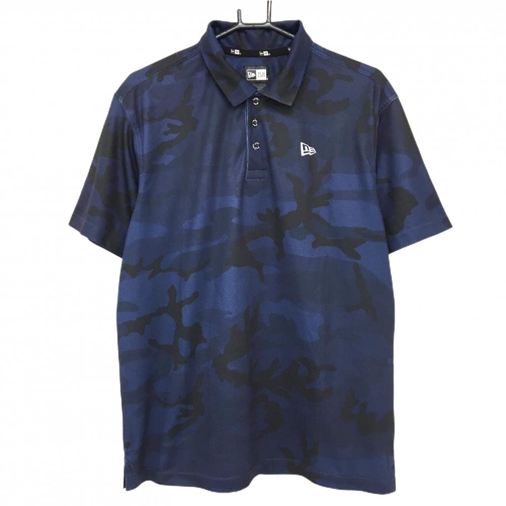 【美品】ニューエラ 半袖ポロシャツ ネイビー×黒 迷彩 カモフラ  メンズ X LARGE ゴルフウェア New Era