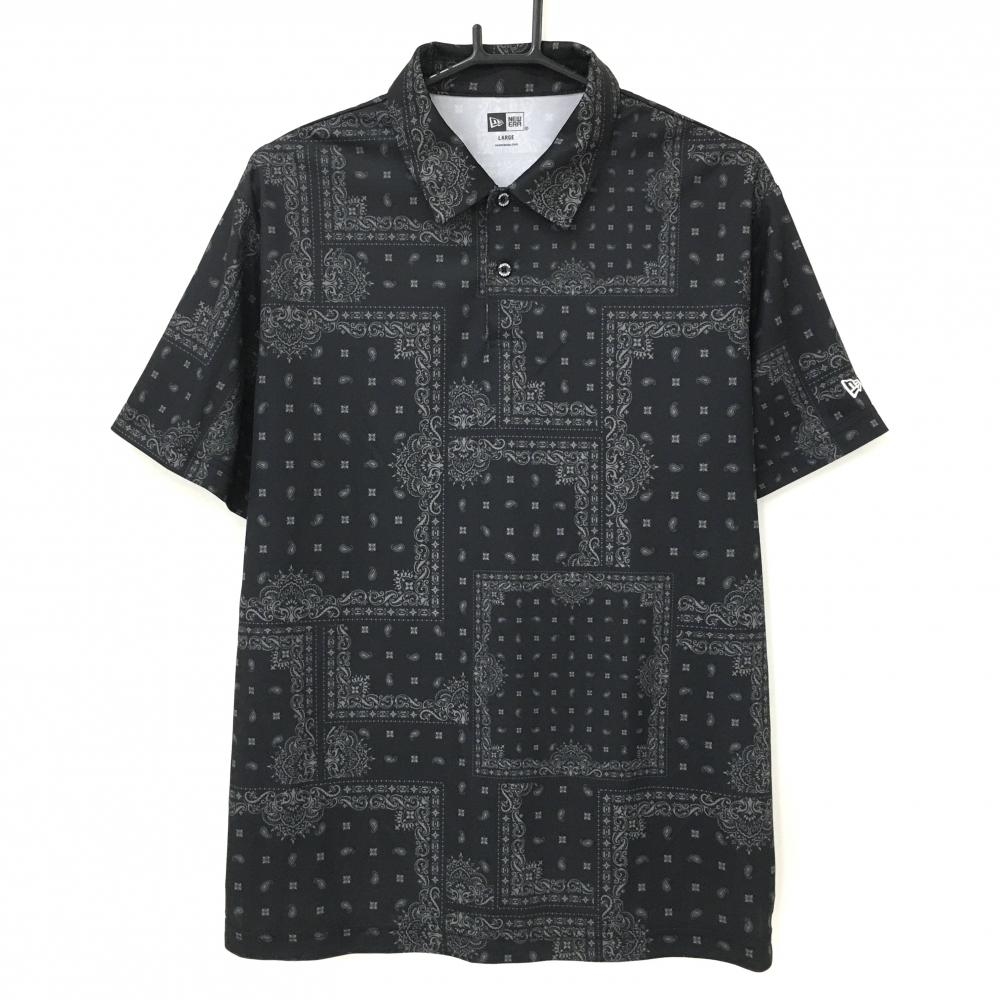 【超美品】ニューエラ 半袖ポロシャツ 黒×グレー ペイズリー柄 袖ロゴ メンズ LARGE ゴルフウェア New Era