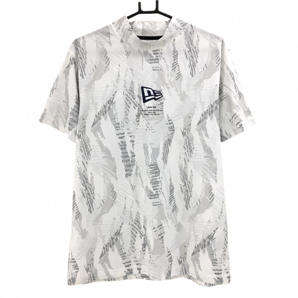 【美品】ニューエラ 半袖ハイネックシャツ 白×グレー 総柄 メンズ LARGE ゴルフウェア New Era