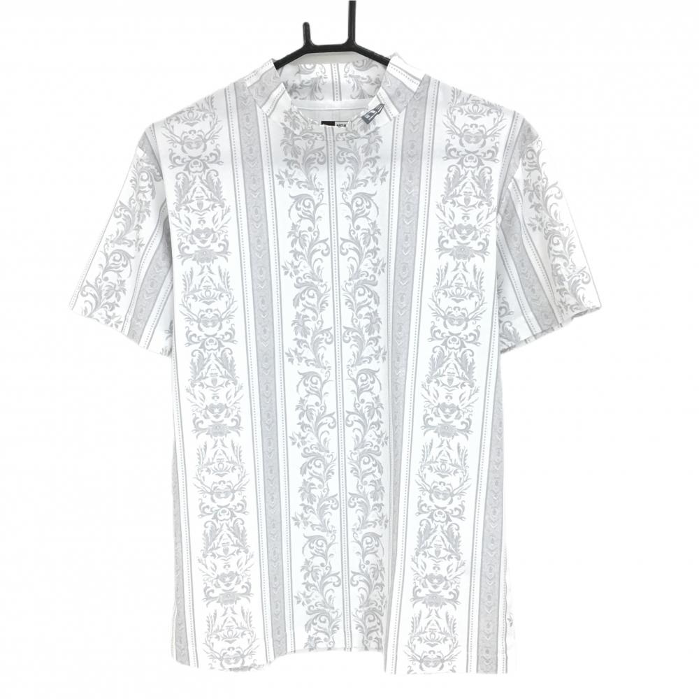 【超美品】ニューエラ 半袖ハイネックシャツ 白×グレー 総柄 ネックロゴ  メンズ SMALL ゴルフウェア New Era