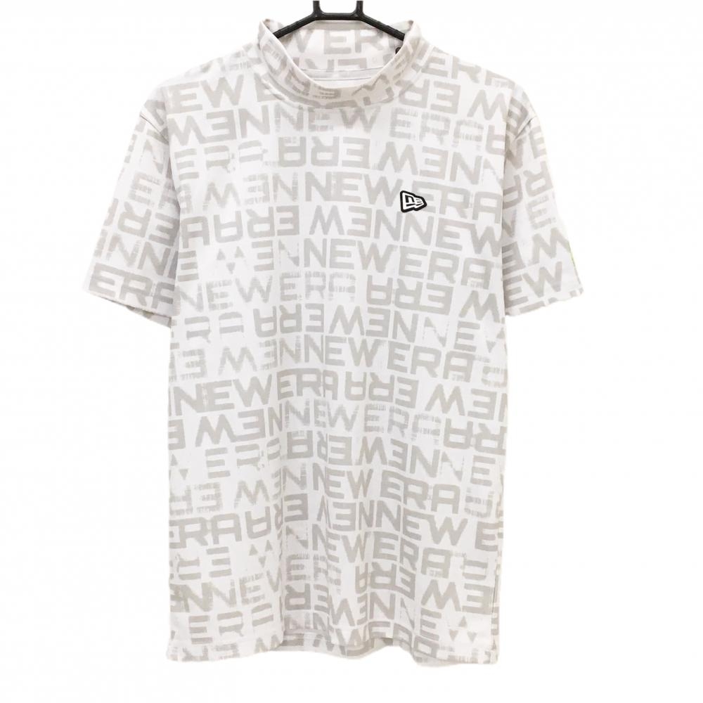 ニューエラ 半袖ハイネックシャツ 白×グレージュ 英字ロゴ総柄 胸ロゴ  メンズ MEDIUM ゴルフウェア New Era
