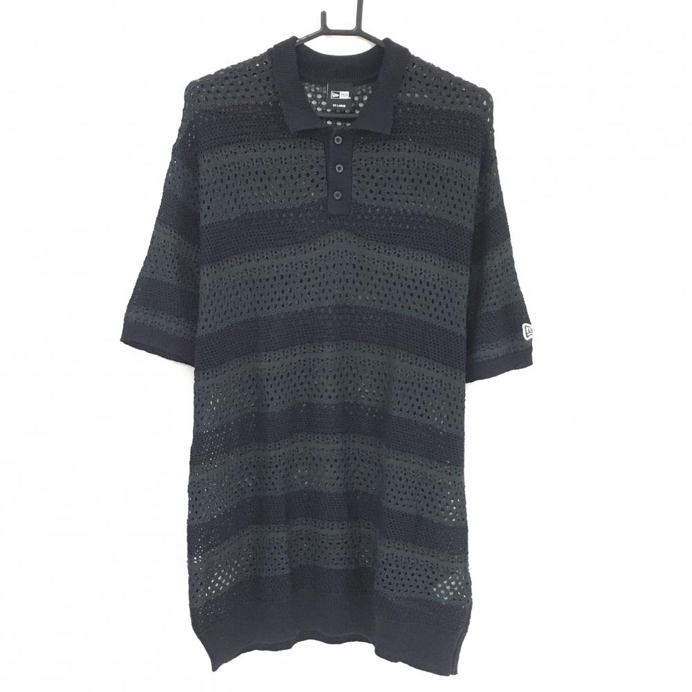 【美品】ニューエラ 半袖セーター ネイビー×ダークグレー ボーダー風 ざっくり ニット メンズ XXLARGE ゴルフウェア New Era