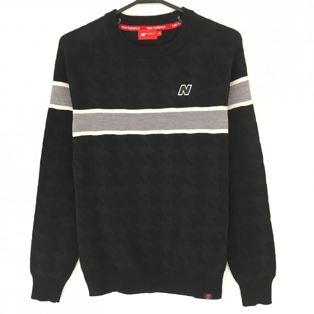 【美品】ニューバランス セーター 黒×グレー ニット 千鳥格子柄編み ウール混 メンズ 5(L) ゴルフウェア New Balance