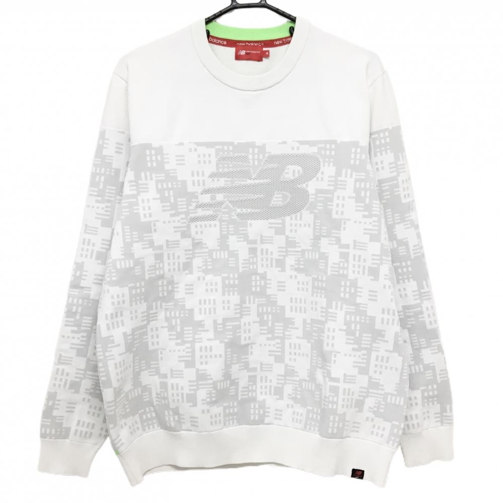 【美品】ニューバランス セーター 白×ライトグレー 総柄 メンズ 6(XL) ゴルフウェア New Balance