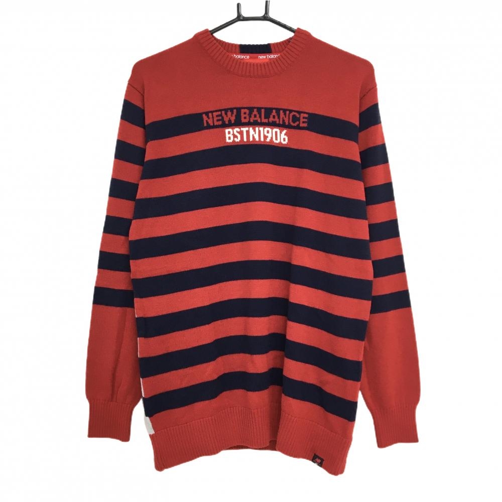 【美品】ニューバランスゴルフ セーター レッド×ネイビー ボーダー ニット ウール混  メンズ 5(L) ゴルフウェア New Balance