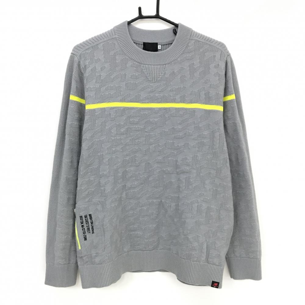 【美品】ニューバランスゴルフ セーター グレー×イエロー 総柄織生地 ジップポケット ニット メンズ 7(2XL) ゴルフウェア New Balance