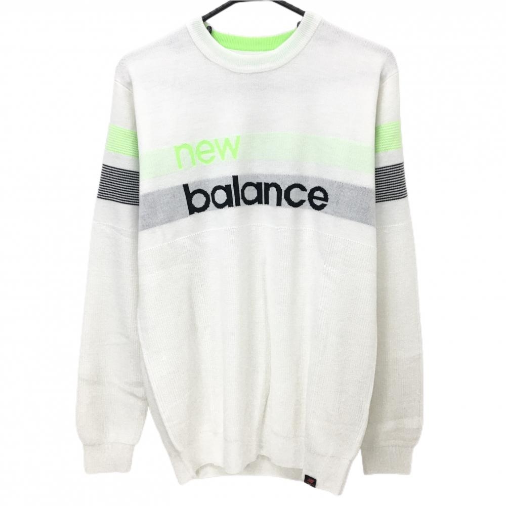 【新品】ニューバランスゴルフ セーター 白×黒×蛍光グリーン ロゴ ニット ダイナホット メンズ 5(L) ゴルフウェア New Balance