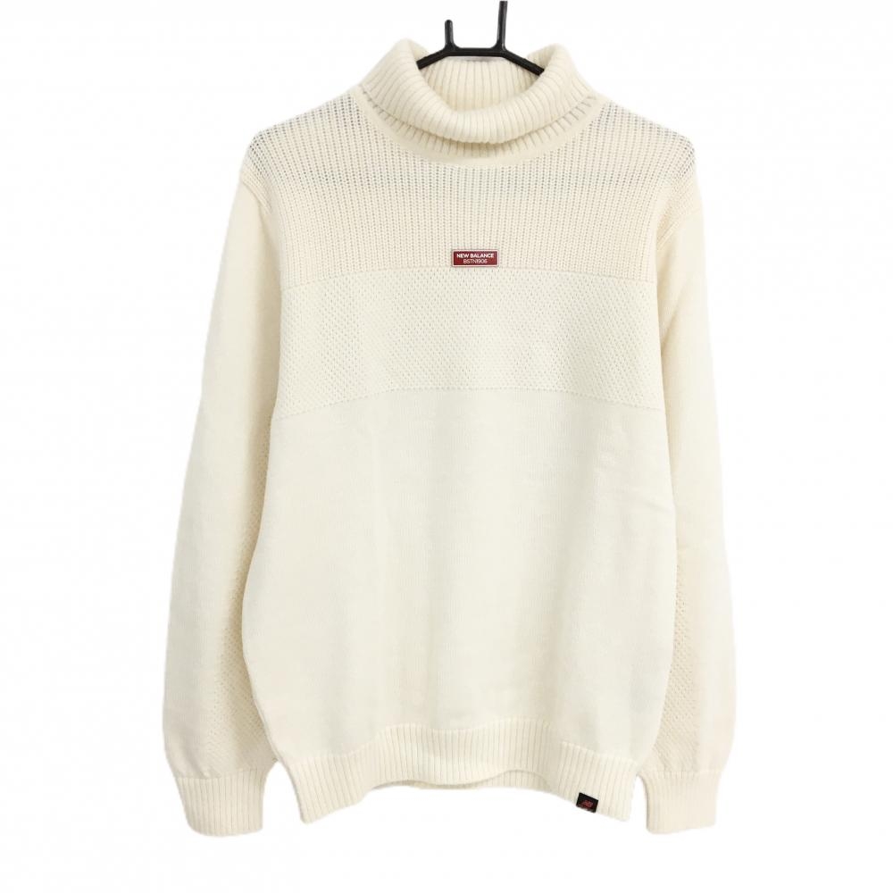 【超美品】ニューバランスゴルフ タートルネックセーター アイボリー ロゴワッペン ウール混 メンズ 6(XL) ゴルフウェア New Balance