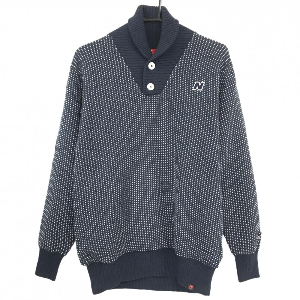 【美品】ニューバランスゴルフ 裏地付セーター ネイビー×白 総柄 ボタン ニット メンズ 5(L) ゴルフウェア New Balance