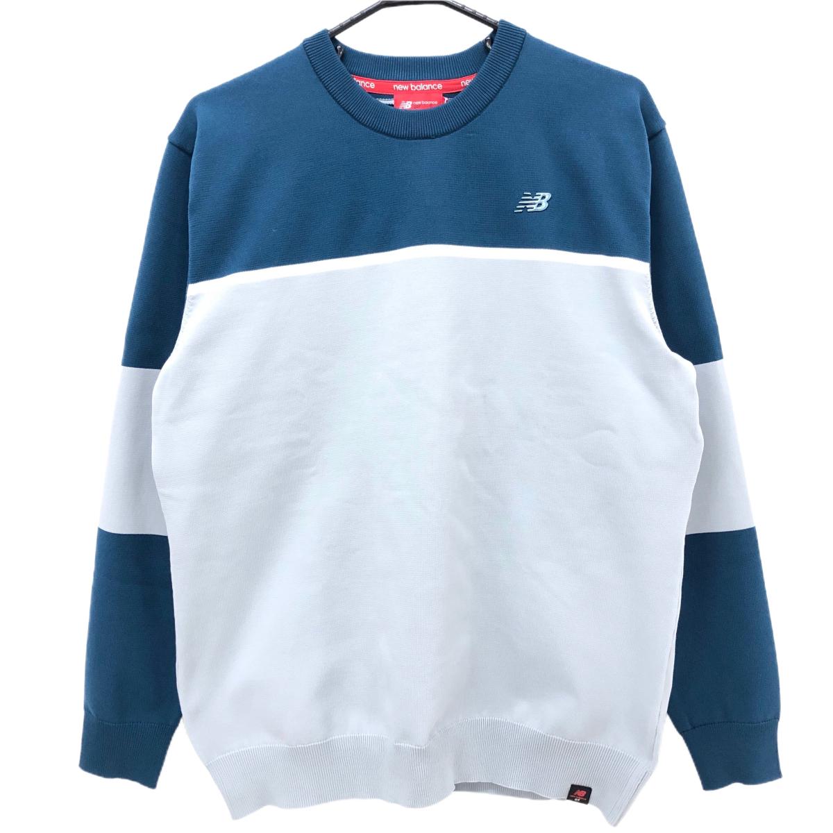 【新品】ニューバランスゴルフ セーター ライトグレー×ブルー系 背面ロゴ ニット メンズ 5(L) ゴルフウェア New Balance