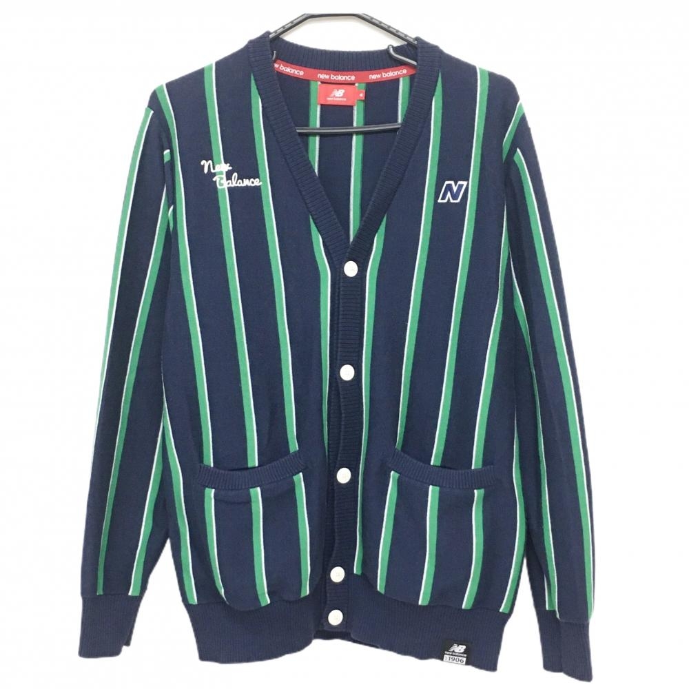 ニューバランス カーディガン ネイビー×グリーン ストライプ コットン混 メンズ 6(XL) ゴルフウェア New Balance