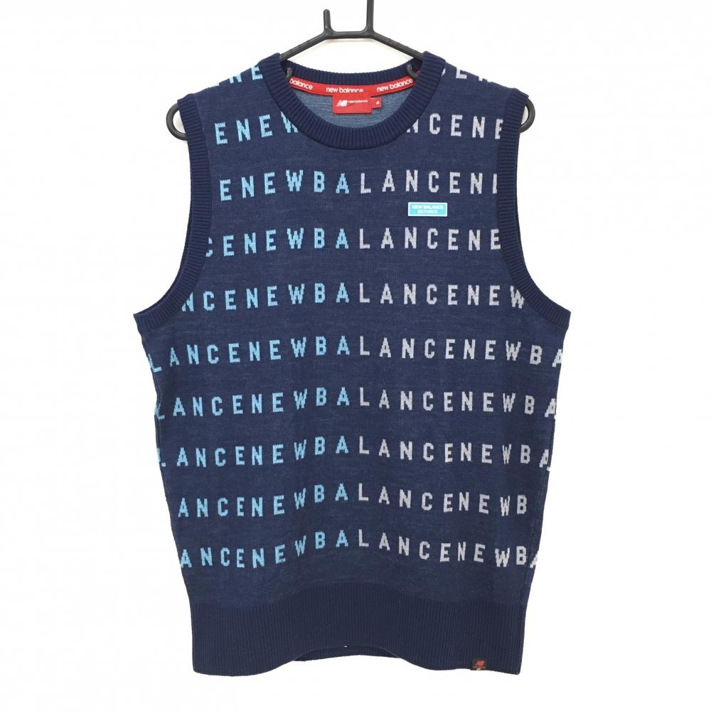【超美品】ニューバランスゴルフ ニットベスト ネイビー×ライトブルー ロゴ総柄  メンズ 6(XL) ゴルフウェア New Balance