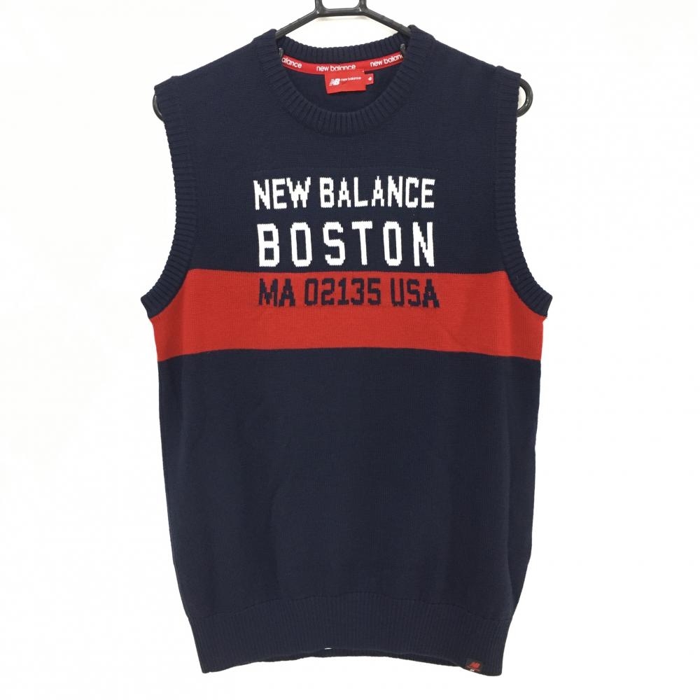【美品】ニューバランスゴルフ ニットベスト ネイビー×白 レッドライン フロントロゴ ウール混 メンズ 6(XL) ゴルフウェア New Balance