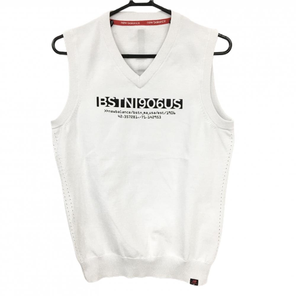 【超美品】ニューバランスゴルフ ニットベスト 白×黒 フロントプリント サイド透かし編み メンズ 4(M) ゴルフウェア New Balance