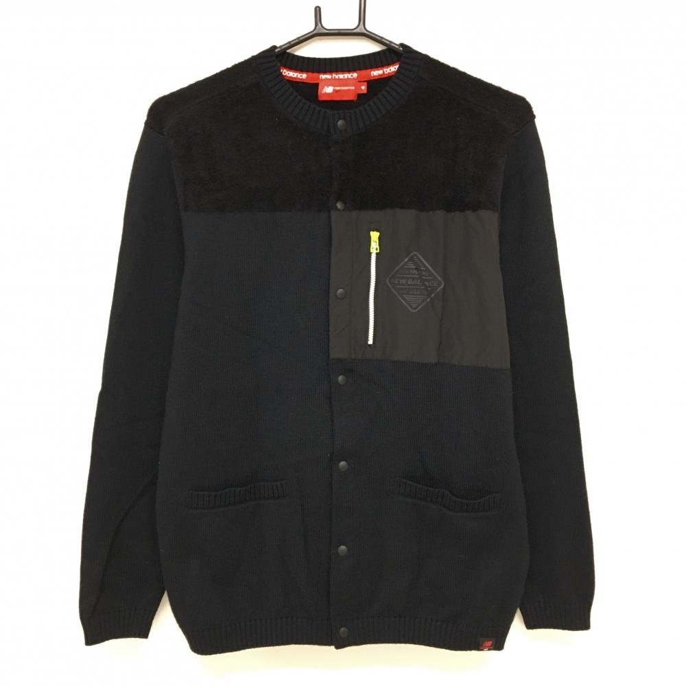 【超美品】ニューバランスゴルフ ニットジャケット 黒 異素材切替 胸元ポケット メンズ 4(M) ゴルフウェア New Balance