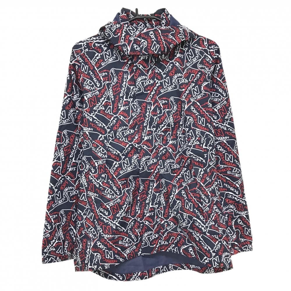 【美品】ニューバランスゴルフ 2WAYジップパーカー ネイビー×白×レッド ロゴ総柄 フード着脱可 メンズ 4(M) ゴルフウェア New Balance