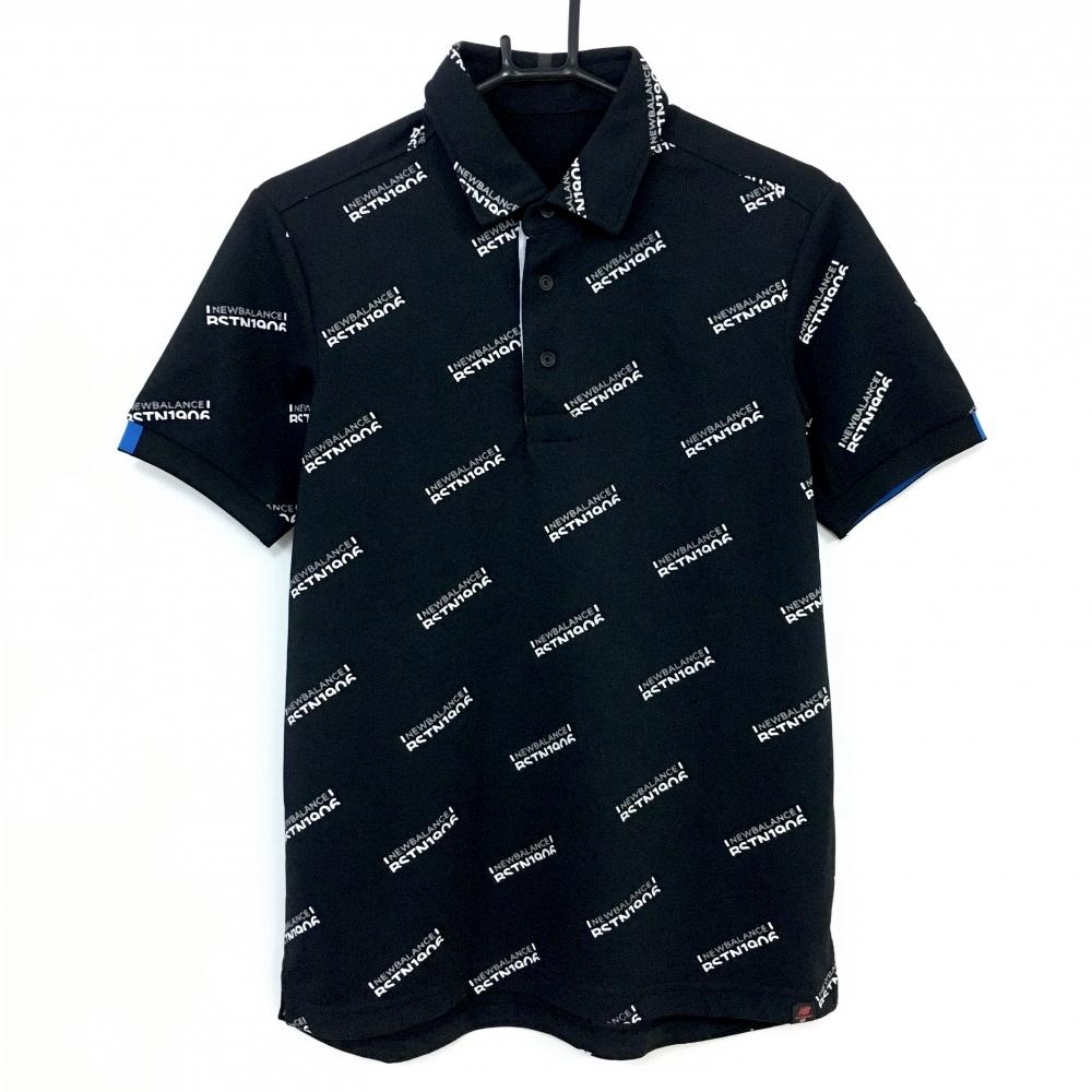 【超美品】New Balance ニューバランスゴルフ 半袖ポロシャツ 黒×白 ロゴ総柄 ポリエステル100％ メンズ 4(M) ゴルフウェア