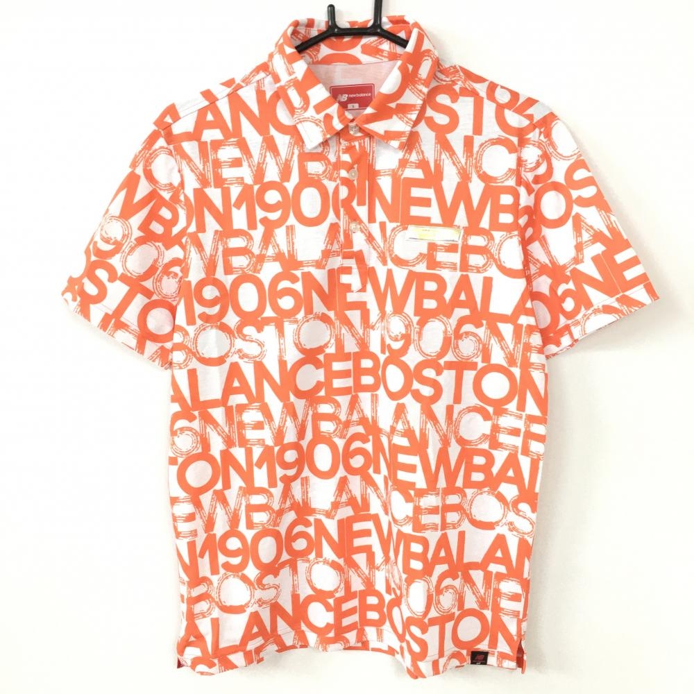 【超美品】New Balance ニューバランス 半袖ポロシャツ オレンジ×白 ロゴ総柄  メンズ 5(Ｌ) ゴルフウェア